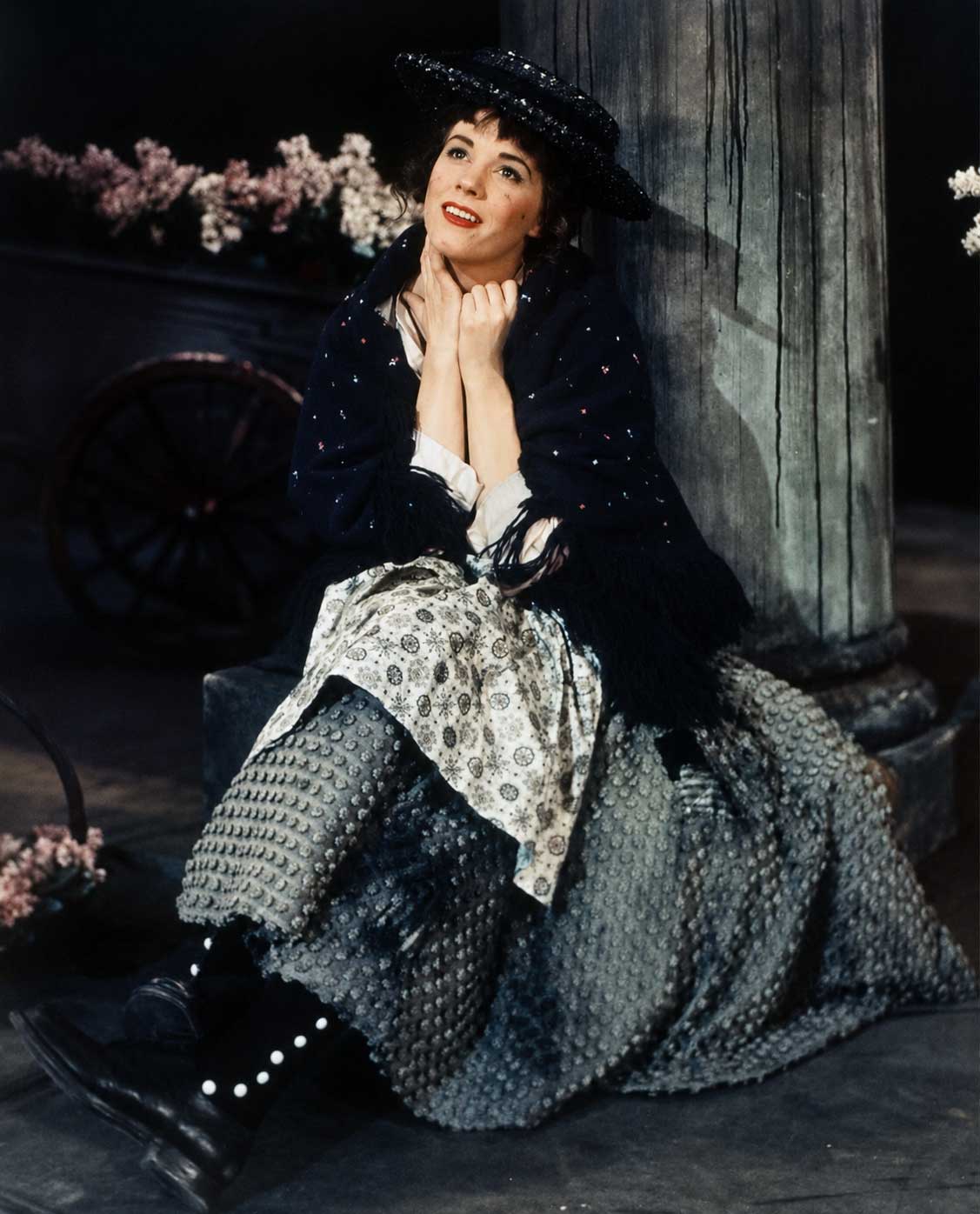 Julie Andrews as Eliza Doolittle in her Covent Garden flower-girl costume, original 1956 Broadway production of My Fair Lady